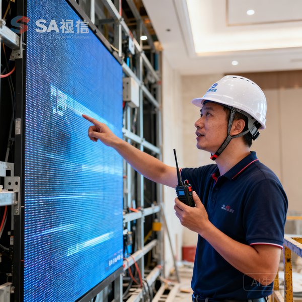 SA视讯工程部主管周工在项目现场指挥LED大屏安装，佩戴安全帽和对讲机
